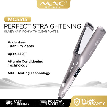 MAC Styler Perfect Straightening Silver Hair Iron Flat Iron Clear Plates MC5515