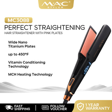 MAC Styler Perfect Straightening Hair Straightener Flat Iron Pink Nano Titanium Plates MC3088