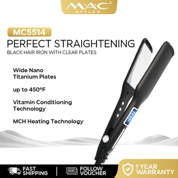 MAC Styler Perfect Straightening Black Hair Iron Flat Iron Clear Plates MC5514